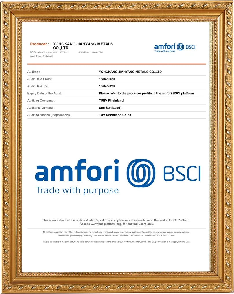 Jianyang stainless steel drinkware manufacturer certification document